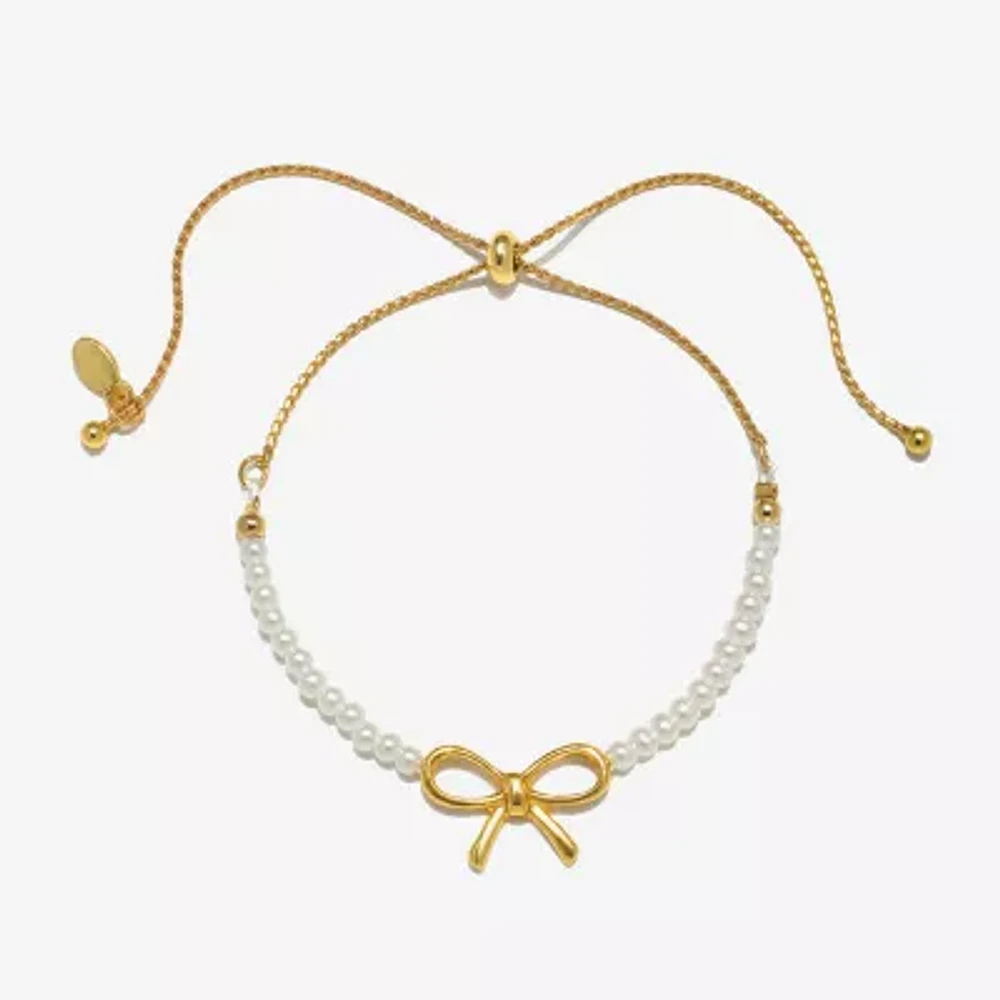 Bijoux Bar Delicates Gold Tone Womens Simulated Pearl Bow Bolo Bracelet