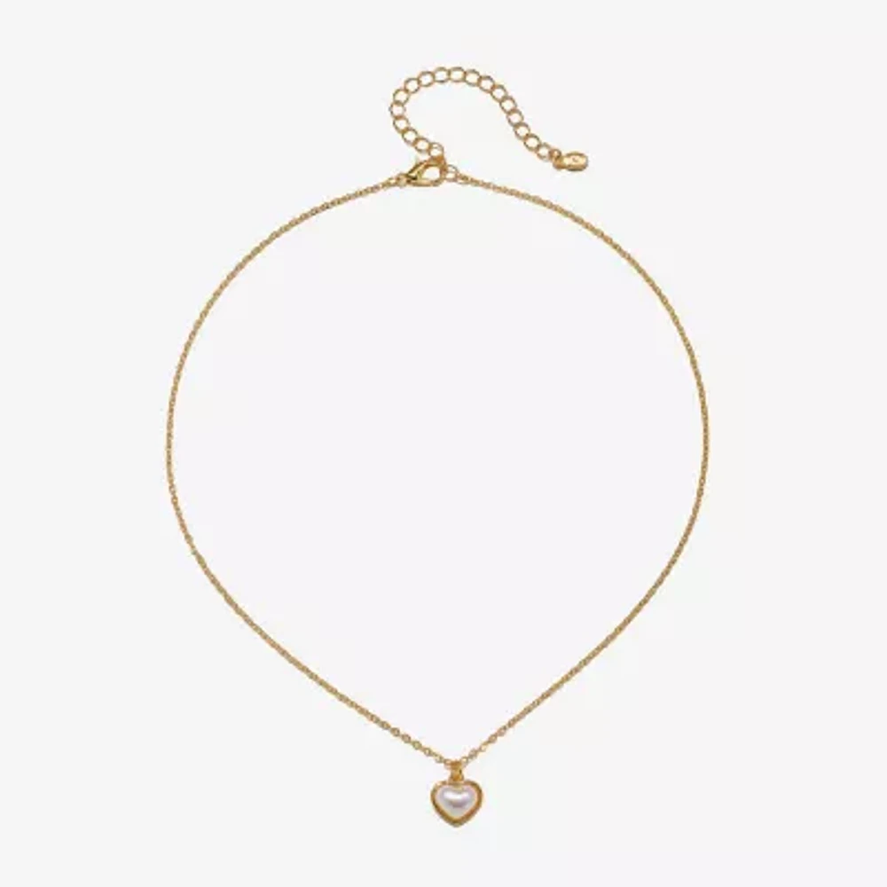 Bijoux Bar Delicates Gold Tone Womens Simulated Pearl Heart 16 Inch Pendant Necklace