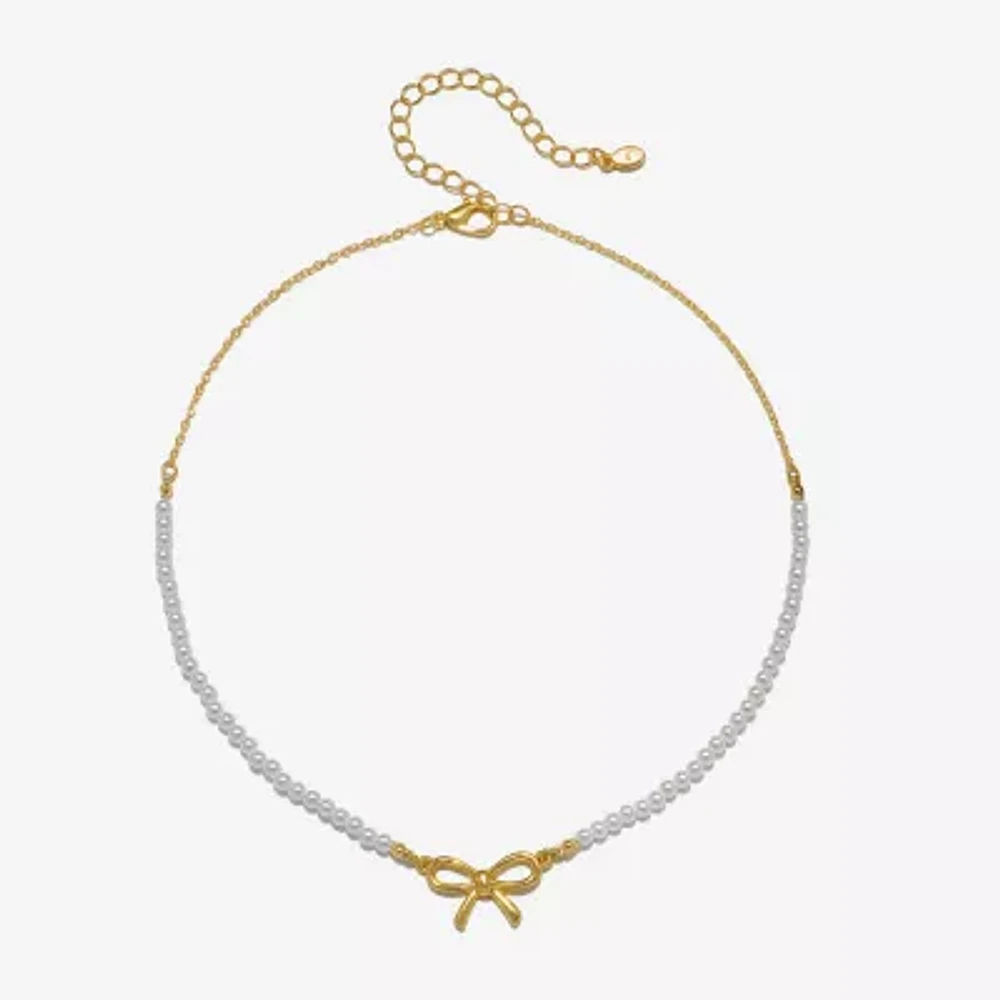 Bijoux Bar Delicates Gold Tone Womens Simulated Pearl Bow 16 Inch Pendant Necklace