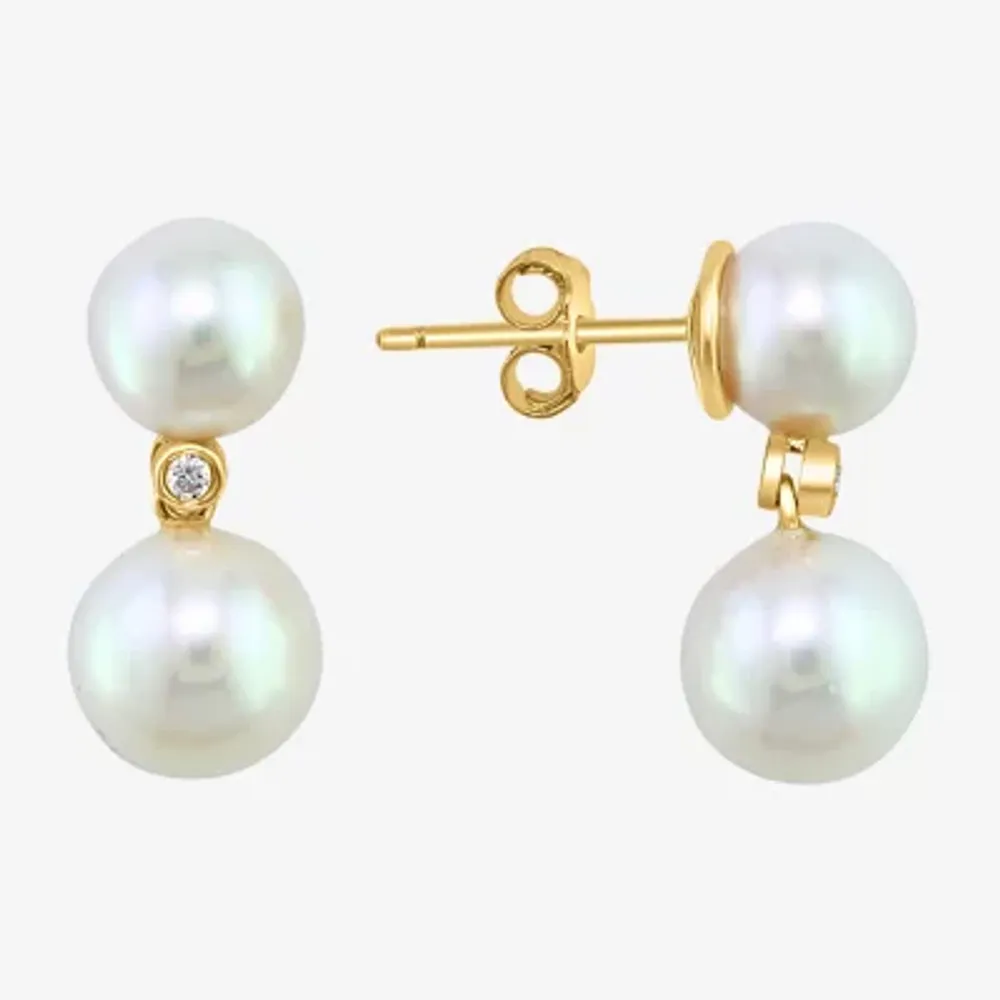 Effy Womens Diamond Accent White Cultured Freshwater Pearl 14K Gold Over Silver Ball Drop Earrings