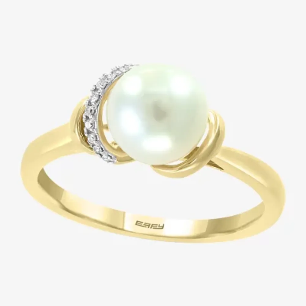 Effy Womens Diamond Accent 7.5MM White Cultured Freshwater Pearl 14K Gold Over Silver Cocktail Ring