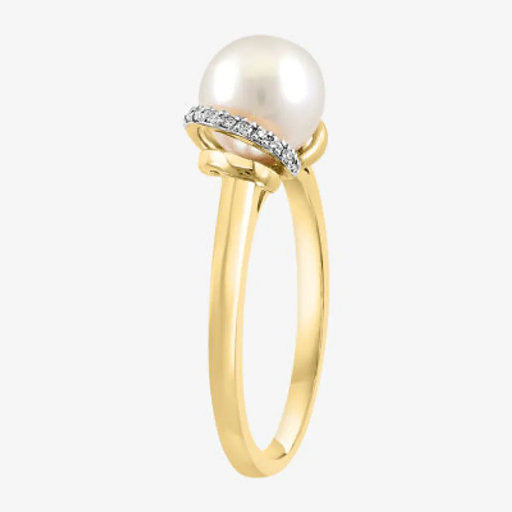 Effy Womens Diamond Accent 7.5MM White Cultured Freshwater Pearl 14K Gold Over Silver Cocktail Ring