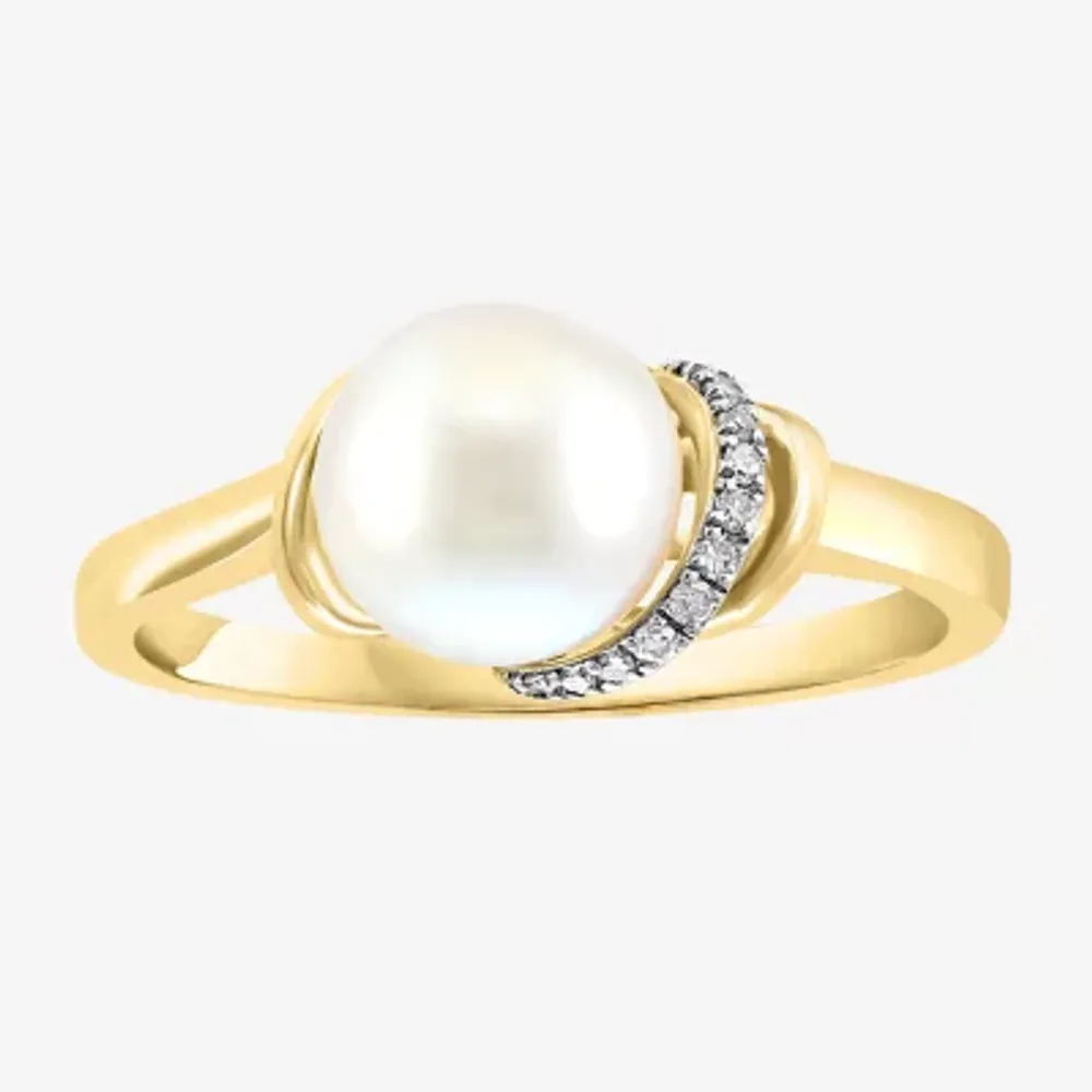Effy Womens Diamond Accent 7.5MM White Cultured Freshwater Pearl 14K Gold Over Silver Cocktail Ring