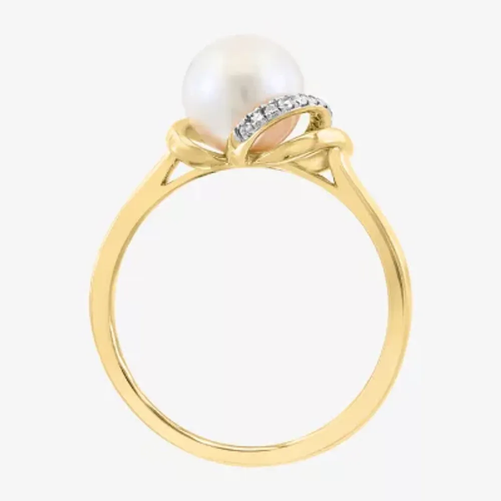 Effy Womens Diamond Accent 7.5MM White Cultured Freshwater Pearl 14K Gold Over Silver Cocktail Ring