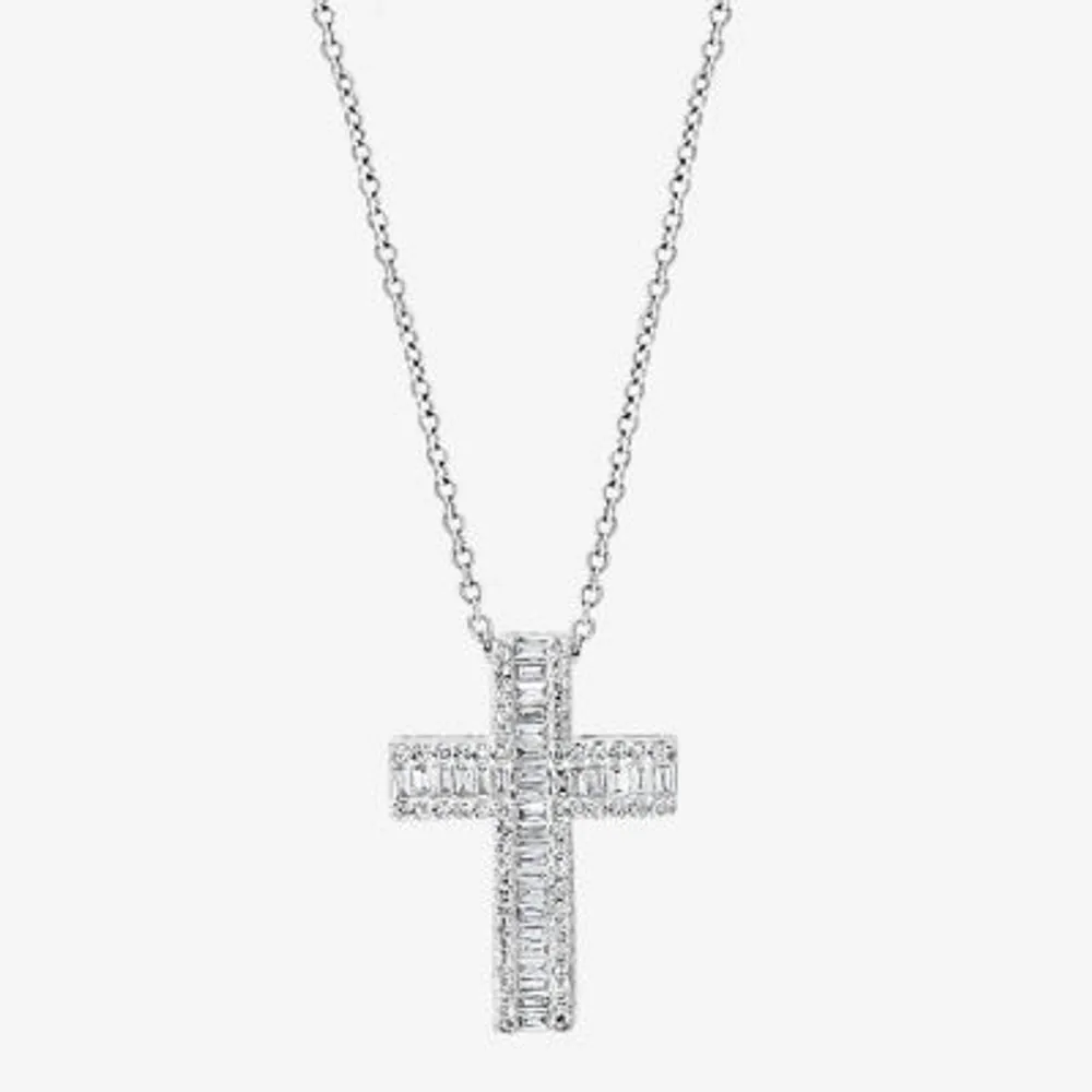 Effy Womens 3/8 CT. T.W. Natural Diamond 14K White Gold Cross 18 Inch Pendant Necklace