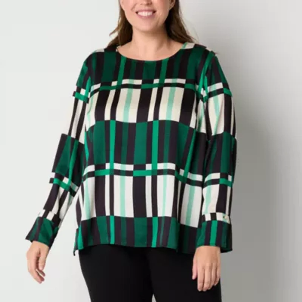 Liz Claiborne Womens Easy-on + Easy-off Round Neck Long Sleeve Satin Adaptive Plus Blouse