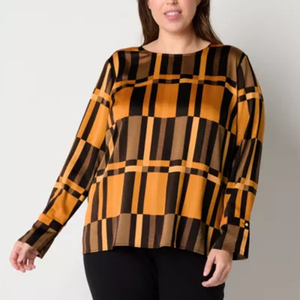 Liz Claiborne Womens Round Neck Long Sleeve Satin Plus Blouse