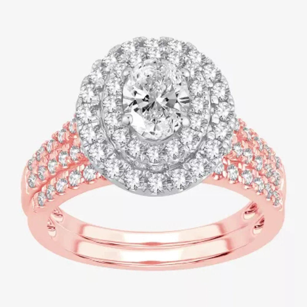 (H-I / SI1-SI2) Signature By Modern Bride Womens 1 1/2 CT. T.W. Lab Grown White Diamond 10K or 14K Gold Oval Halo Bridal Set