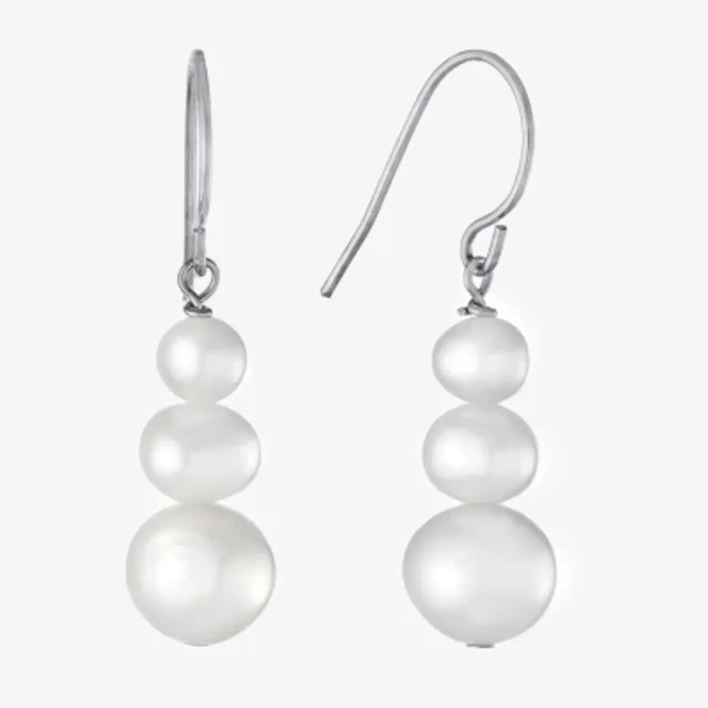 Silver Treasures Womens White Simulated Pearl Sterling Silver Drop Earrings