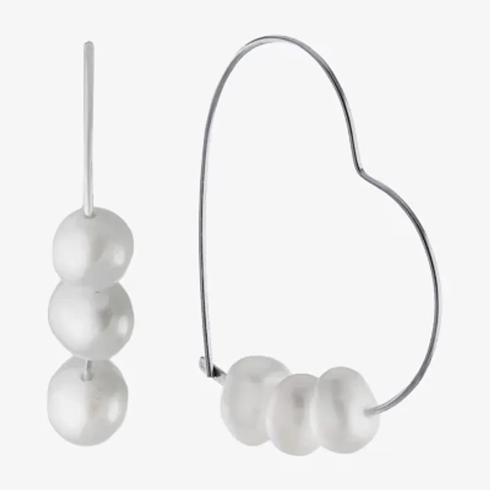 Silver Treasures Womens White Simulated Pearl Sterling Silver 27.1mm Heart Hoop Earrings