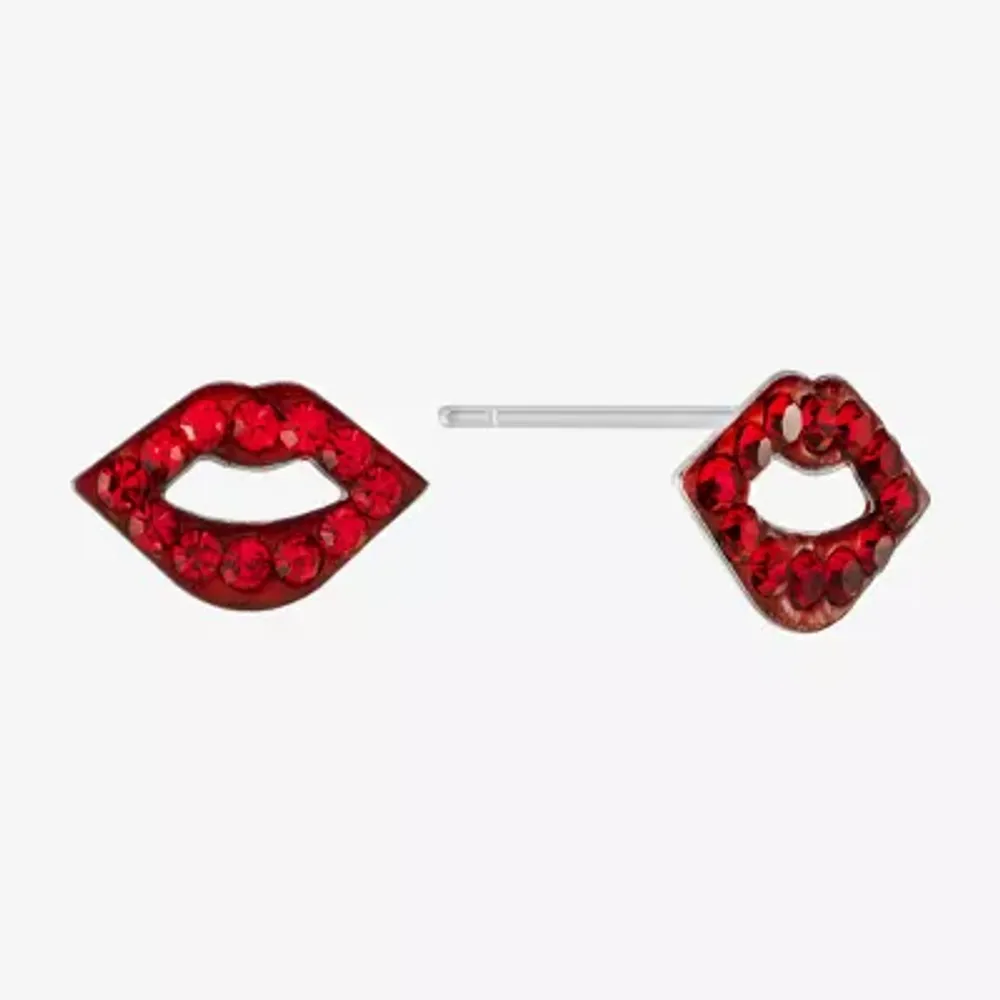 Silver Treasures Lips Red Crystal Sterling Silver 7.1mm Stud Earrings