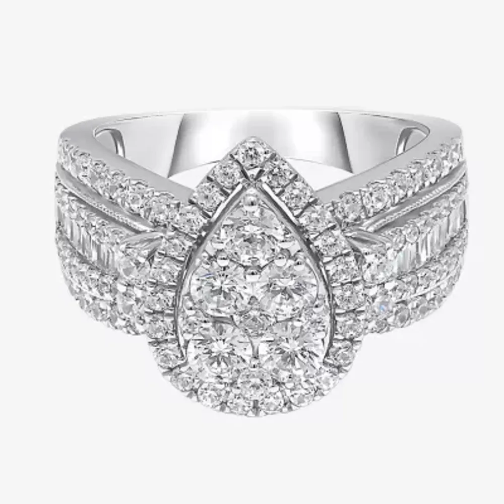 2 CT.T.W. Natural Diamond Pear Shape Side Stone Halo Engagement Ring 10K or 14K White Gold