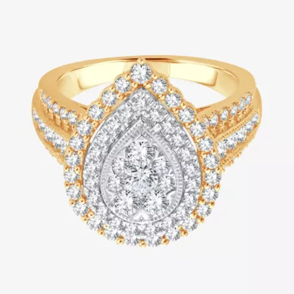Womens 1 1/2 CT. T.W. Natural White Diamond 10K Gold Pear Halo Engagement Ring