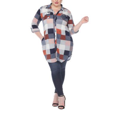 White Mark Womens Long Sleeve Roll Tab Regular Fit Stretch Fabric Plus Button-Down Shirt