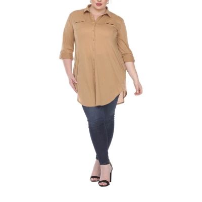White Mark Womens Long Sleeve Roll Tab Regular Fit Stretch Fabric Plus Button-Down Shirt