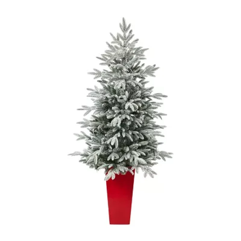 Nearly Natural Flocked In Planter 5 Foot Pre-Lit Spruce Christmas Tree