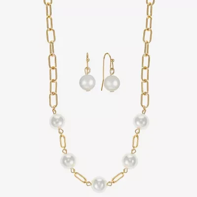 Liz Claiborne Gold Tone Collar Necklace And Drop Earring Womens White Simulated Pearl Round 2-pc. Jewelry Set
