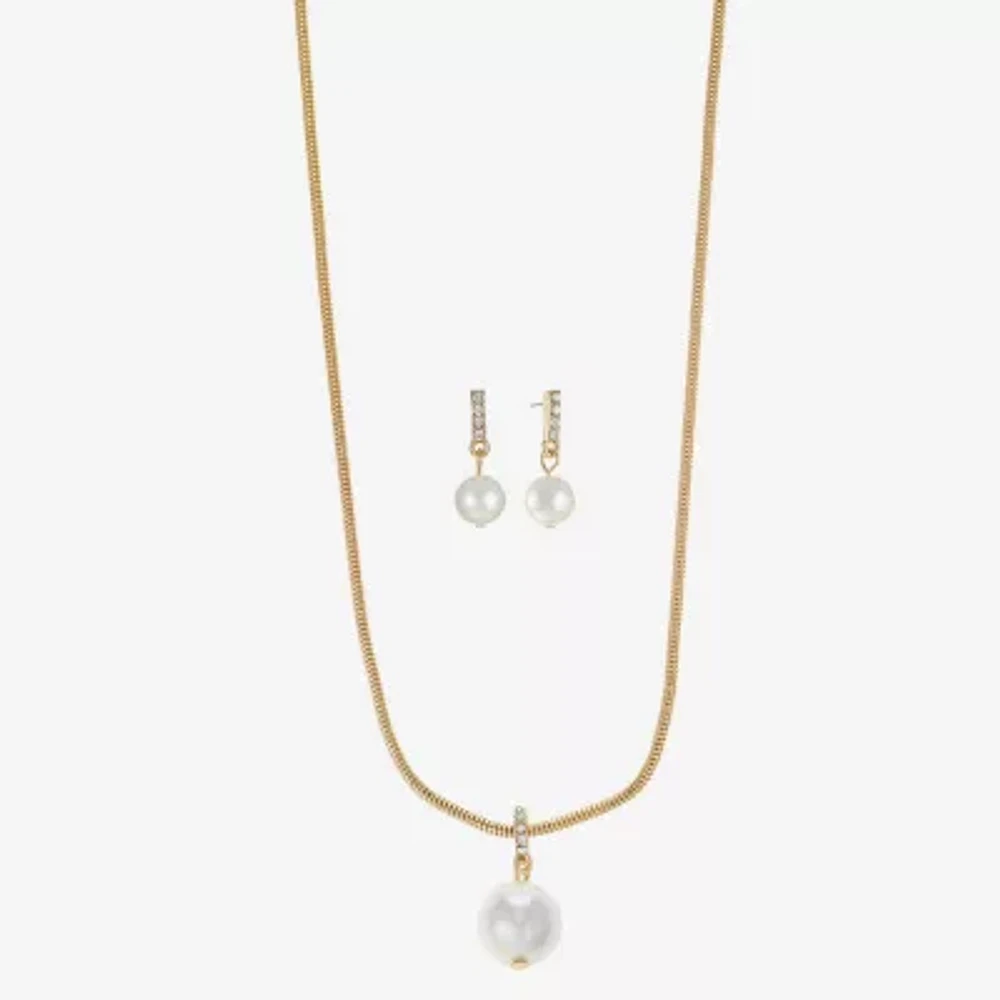 Liz Claiborne Gold Tone Pendant Necklace And Drop Earring Womens White Simulated Pearl Round Hypoallergenic 2-pc. Jewelry Set
