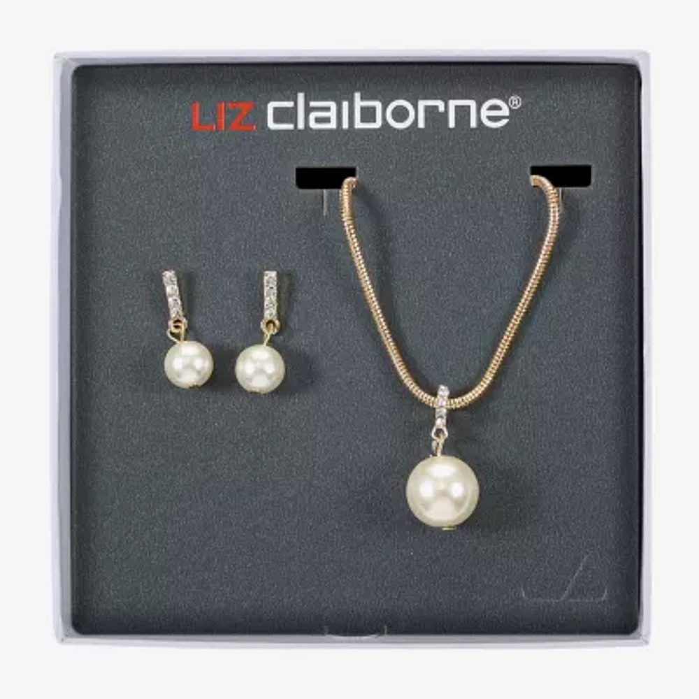 Liz Claiborne Gold Tone Pendant Necklace And Drop Earring Womens White Simulated Pearl Round Hypoallergenic 2-pc. Jewelry Set