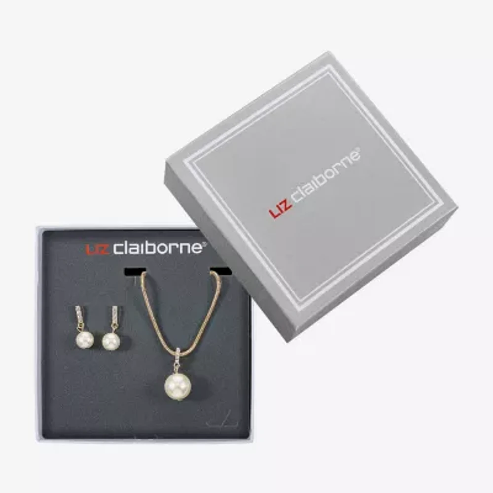 Liz Claiborne Gold Tone Pendant Necklace And Drop Earring Womens White Simulated Pearl Round Hypoallergenic 2-pc. Jewelry Set