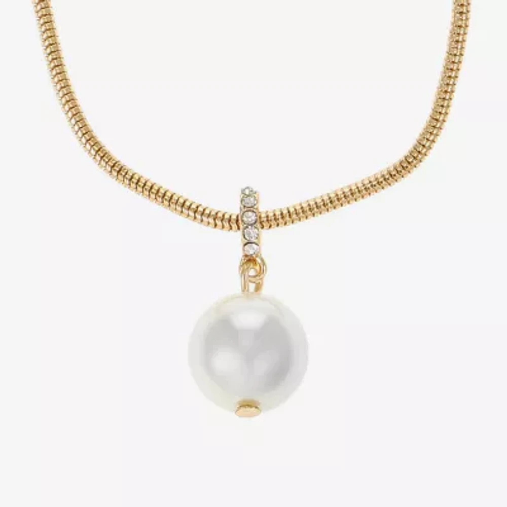 Liz Claiborne Gold Tone Pendant Necklace And Drop Earring Womens White Simulated Pearl Round Hypoallergenic 2-pc. Jewelry Set