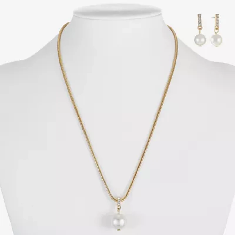 Liz Claiborne Gold Tone Pendant Necklace And Drop Earring Womens White Simulated Pearl Round Hypoallergenic 2-pc. Jewelry Set