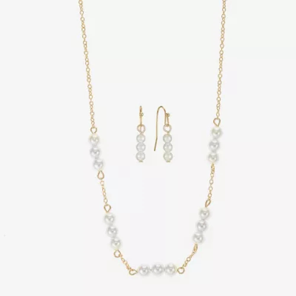 Liz Claiborne Gold Tone Collar Necklace And Drop Earring Womens White Simulated Pearl Round 2-pc. Jewelry Set