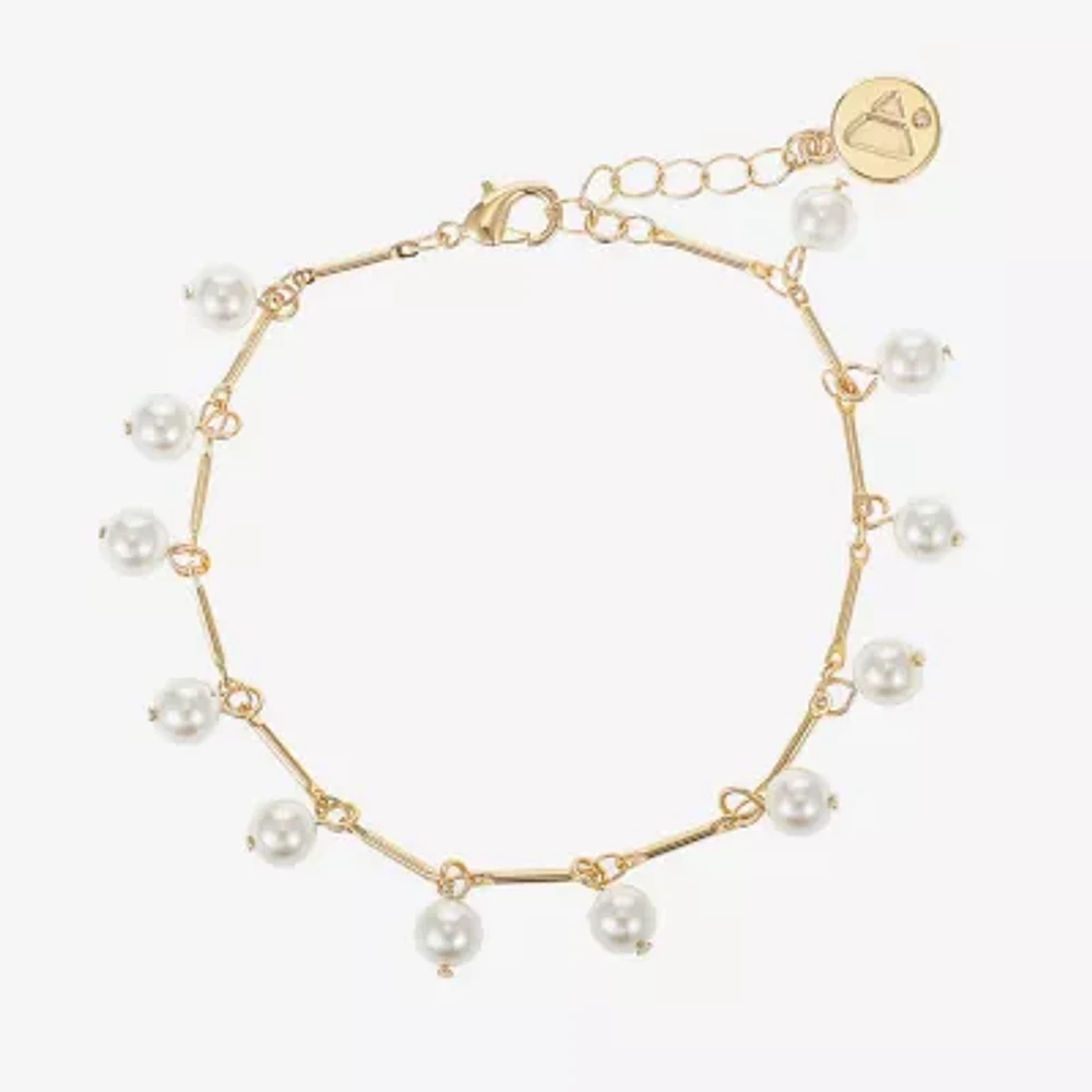 Liz Claiborne Gold Tone Womens White Simulated Pearl Round Strand Bracelet