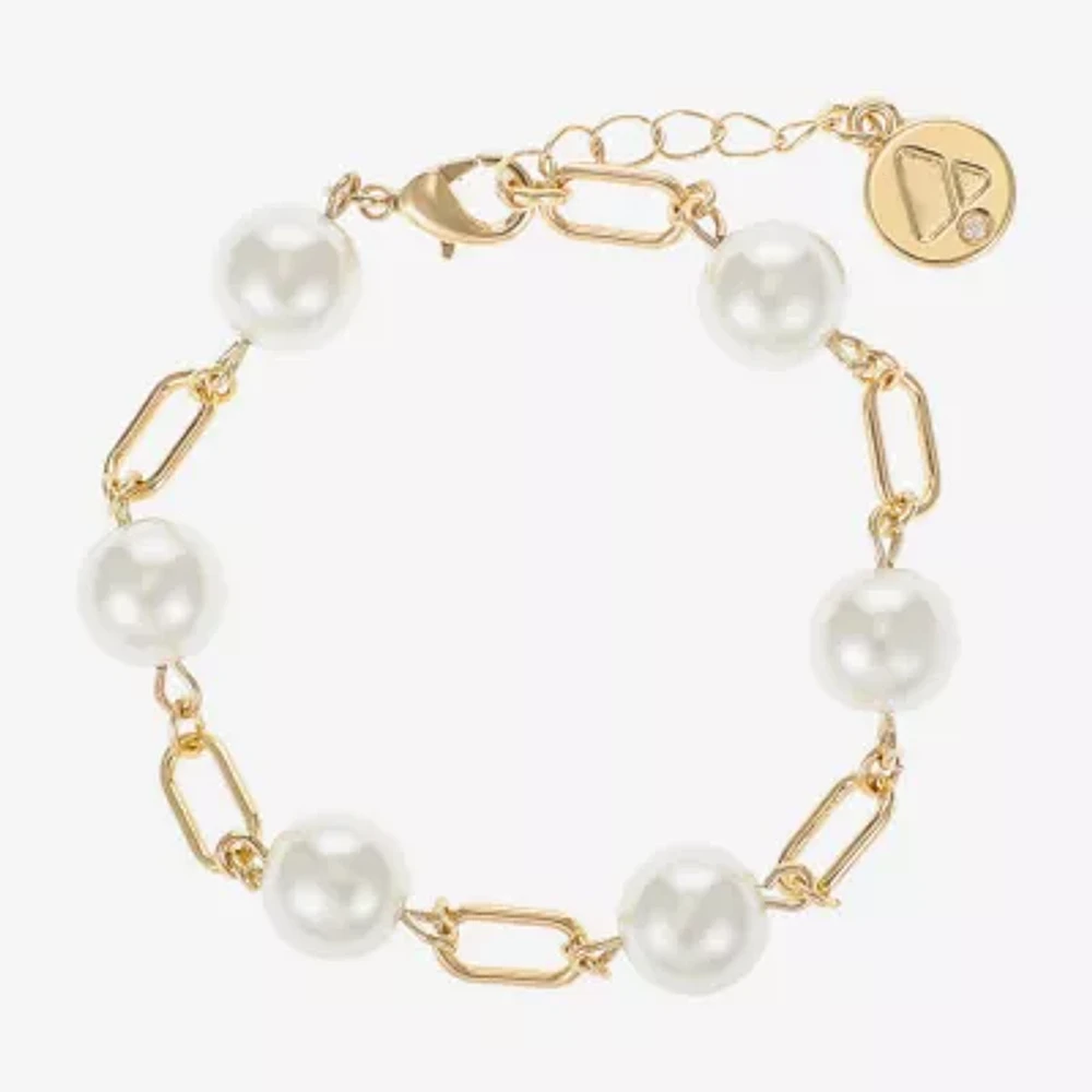 Liz Claiborne Gold Tone Womens White Simulated Pearl Round Strand Bracelet