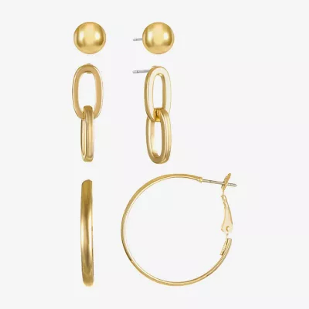 Liz Claiborne Gold Tone; Stud; Drop And Hoop Womens Hypoallergenic 3 Pair Earring Set