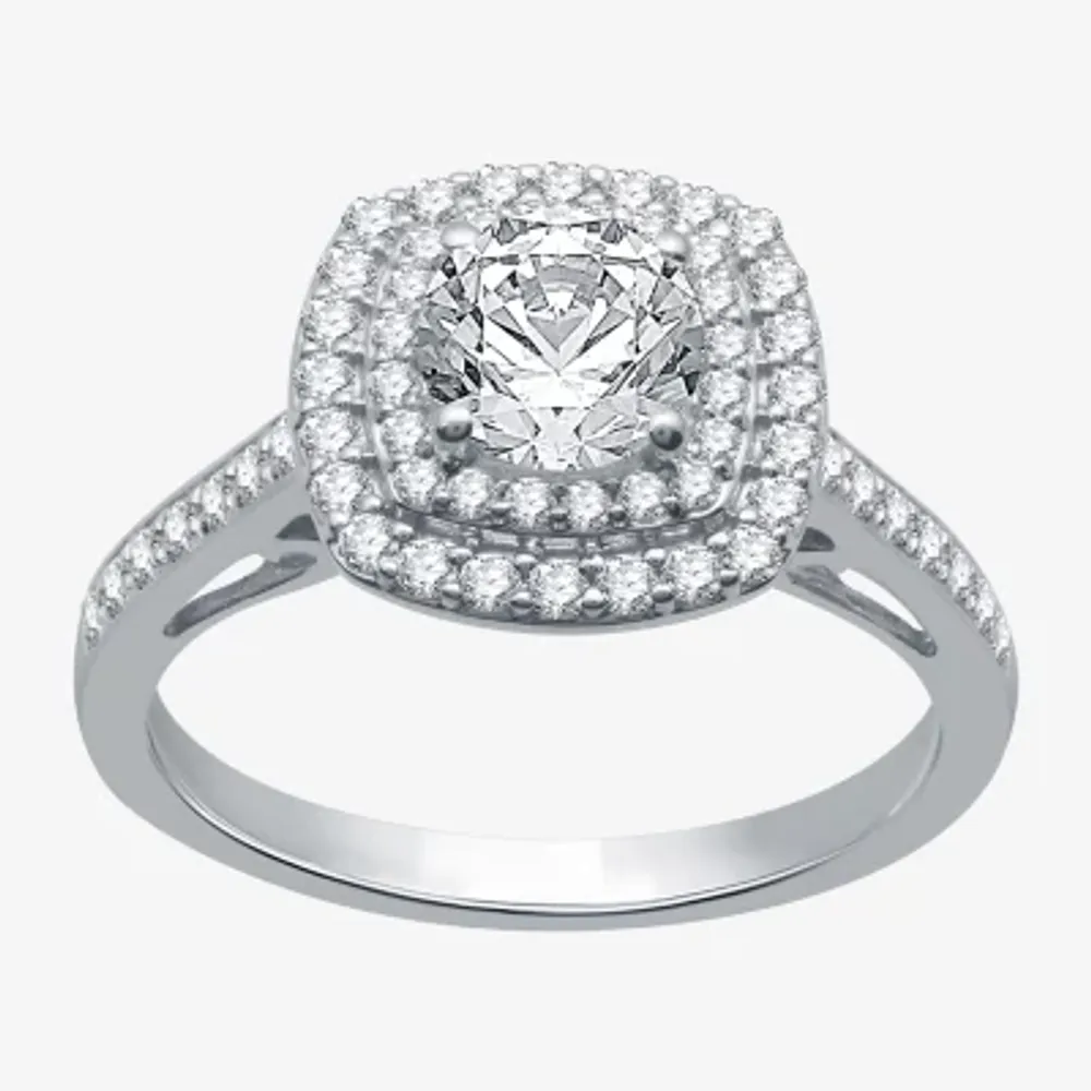 Signature By Modern Bride (H-I / I1) Womens 1 1/2 CT. T.W. Lab Grown White Diamond 10K Gold Cushion Side Stone Halo Engagement Ring