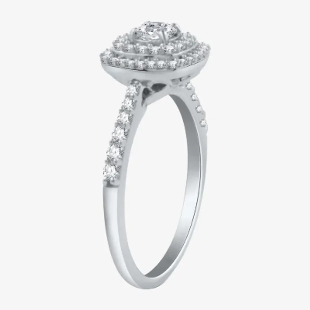 Signature By Modern Bride Womens 3/4 CT. T.W. Natural Diamond 10K White Gold Side Stone Halo Engagement Ring