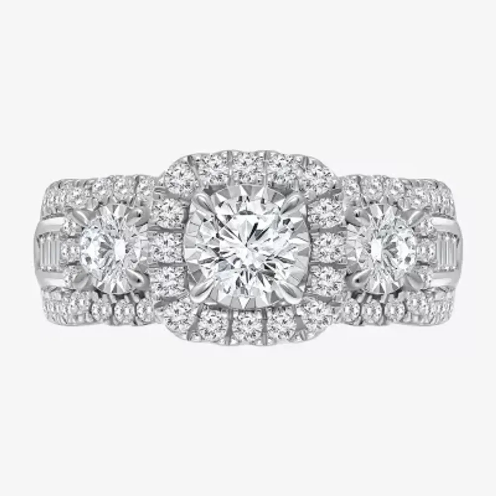 (I / I1) Love Lives Forever Womens 2 CT. T.W. Lab Grown White Diamond 10K or 14K Gold Cushion Side Stone 3-Stone Engagement Ring