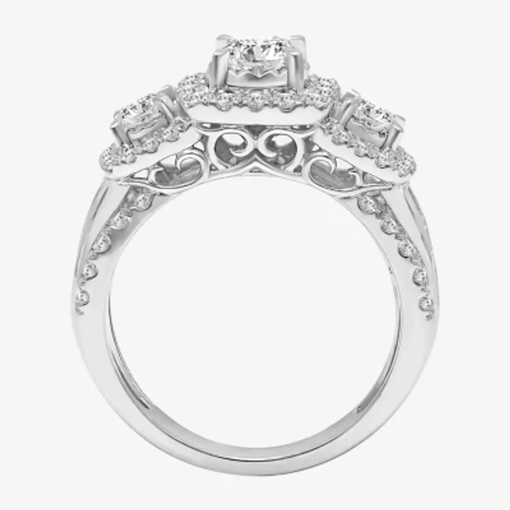 (I / I1) Love Lives Forever Womens 2 CT. T.W. Lab Grown White Diamond 10K or 14K Gold Cushion Side Stone 3-Stone Engagement Ring