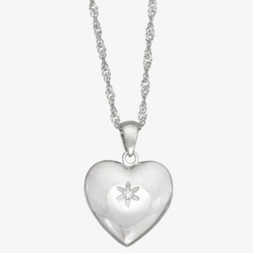 Womens White Cubic Zirconia Sterling Silver 15 Inch Locket Necklace