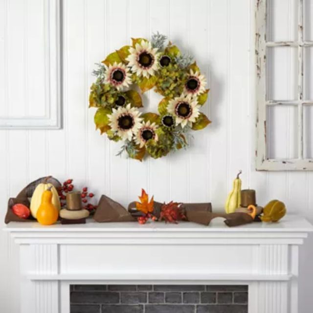 Nearly Natural "24"" Sunflower  Hydrangea Faux" Wreath