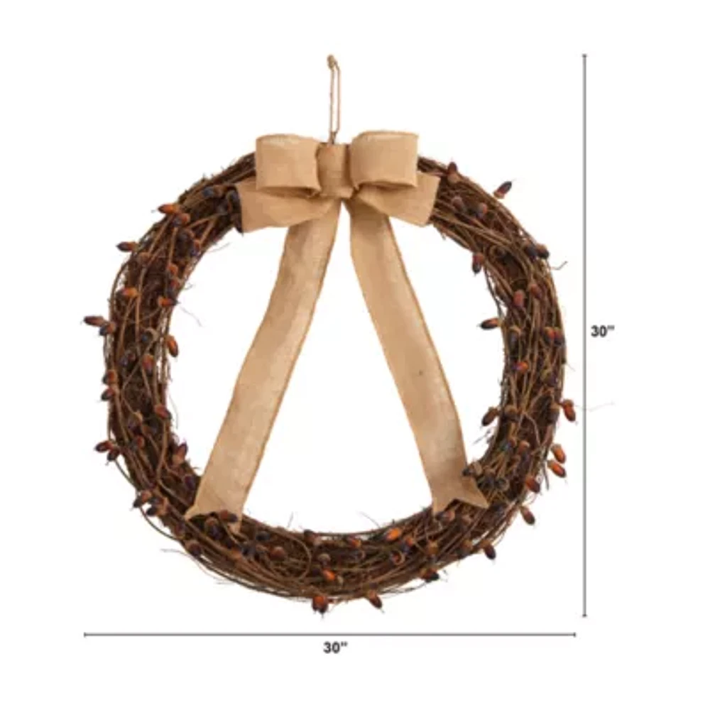 Nearly Natural "30"" Fall Acorn And Bow Autumn" Wreath