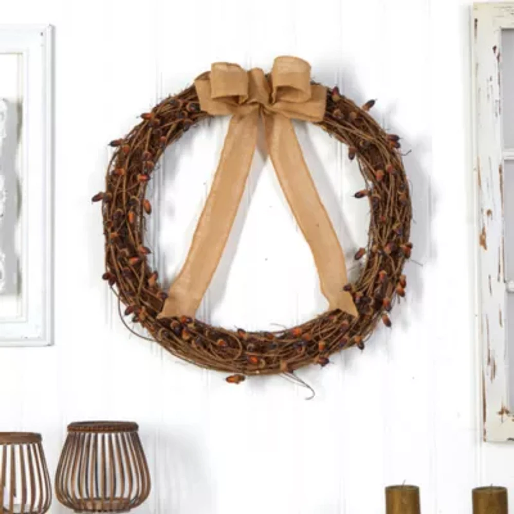Nearly Natural "30"" Fall Acorn And Bow Autumn" Wreath