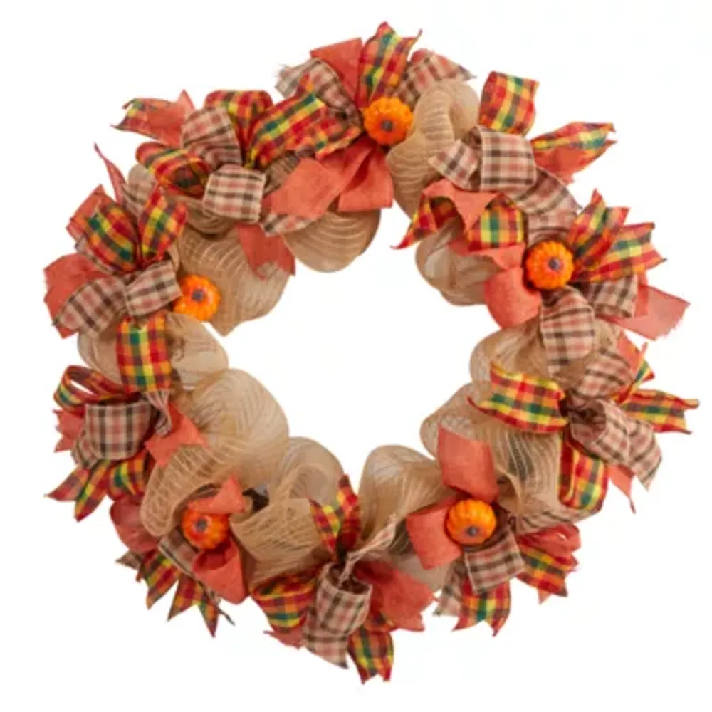 Nearly Natural "30"" Autumn Pumpkin With Bows" Wreath