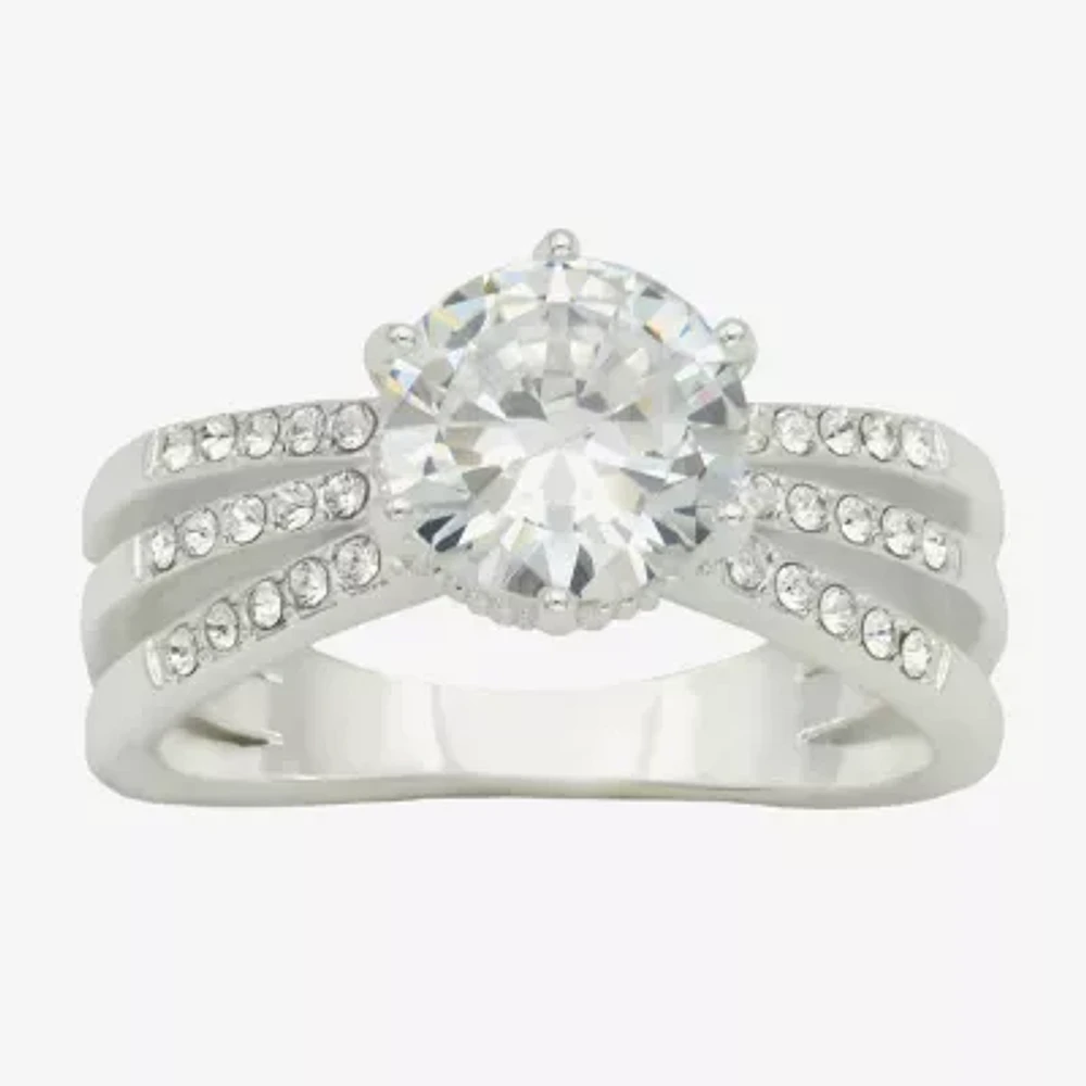 Sparkle Allure Triple Split Shank Womens Crystal Pure Silver Over Brass Round Crossover Engagement Ring