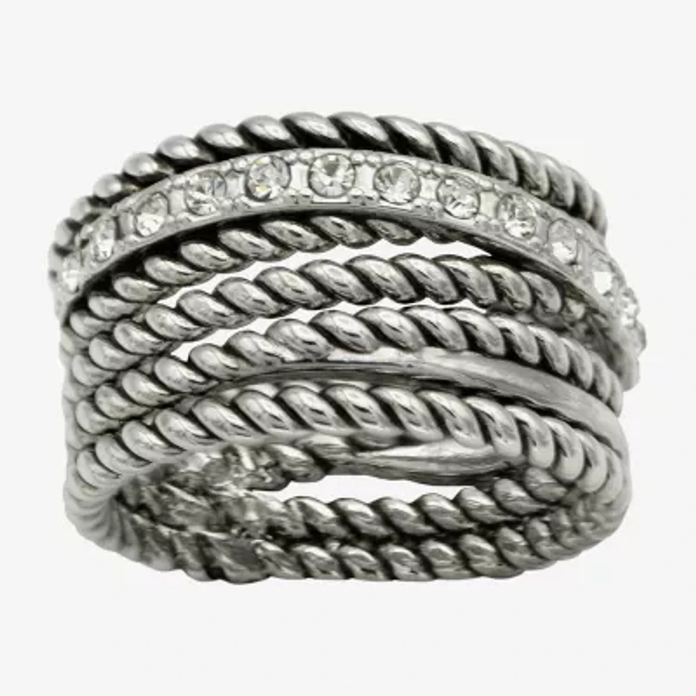 Sparkle Allure Antique Rope Faux Stacked Womens 10MM Crystal Pure Silver Over Brass Band