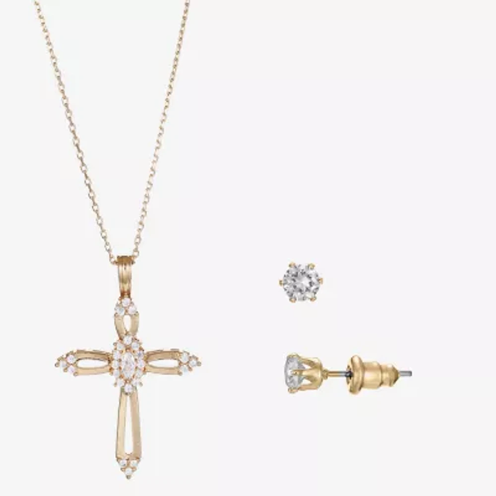 Sparkle Allure Light Up Box Womens Cubic Zirconia 14K Gold Over Brass Cross 2-pc. Jewelry Set