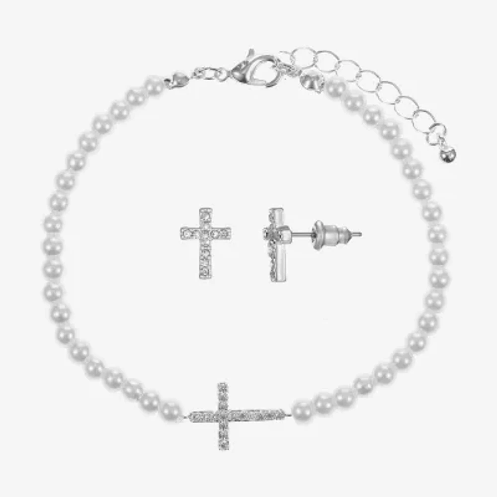 Sparkle Allure Light Up Box Womens Cubic Zirconia Simulated Pearl Pure Silver Over Brass Cross 2-pc. Jewelry Set
