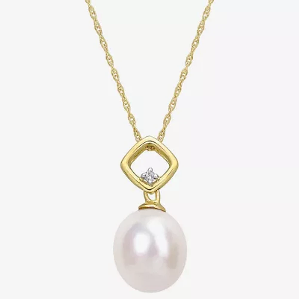 Womens Diamond Accent White Cultured Freshwater Pearl 10K Gold 17 Inch Pendant Necklace
