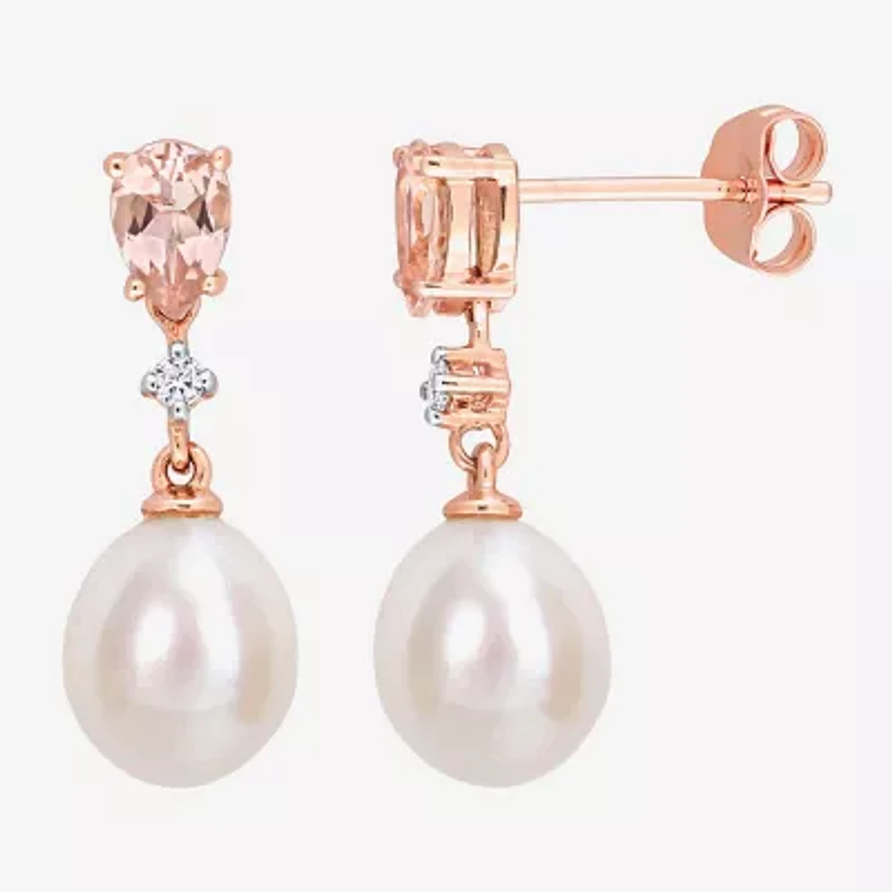 Womens Diamond Accent White Cultured Freshwater Pearl 14K Rose Gold Drop Earrings