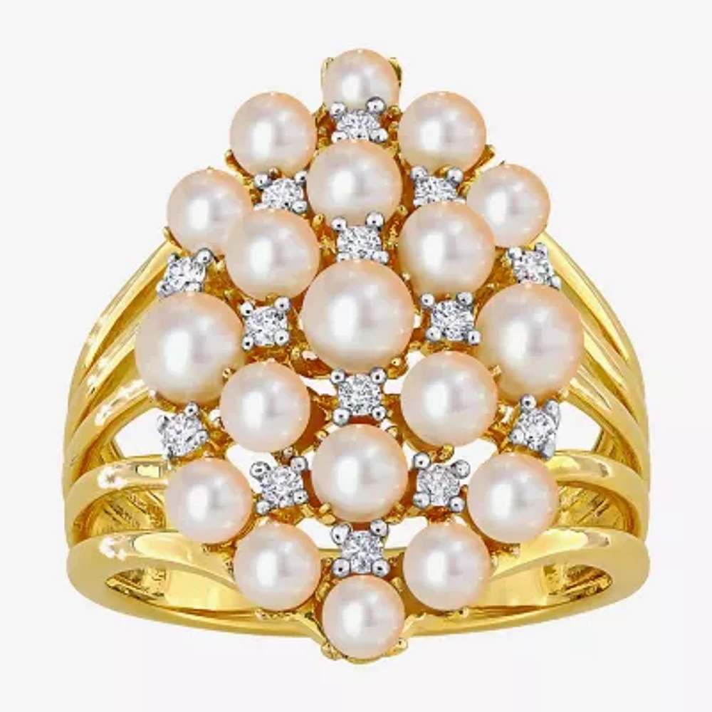 Womens 1/5 CT. 3.5MM White Cultured Freshwater Pearl 18K Gold Over Silver Cluster Cocktail Ring