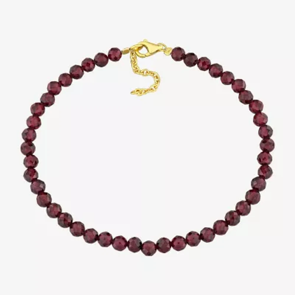 Womens Genuine Red Garnet 18K Gold Over Silver Beaded Bracelet