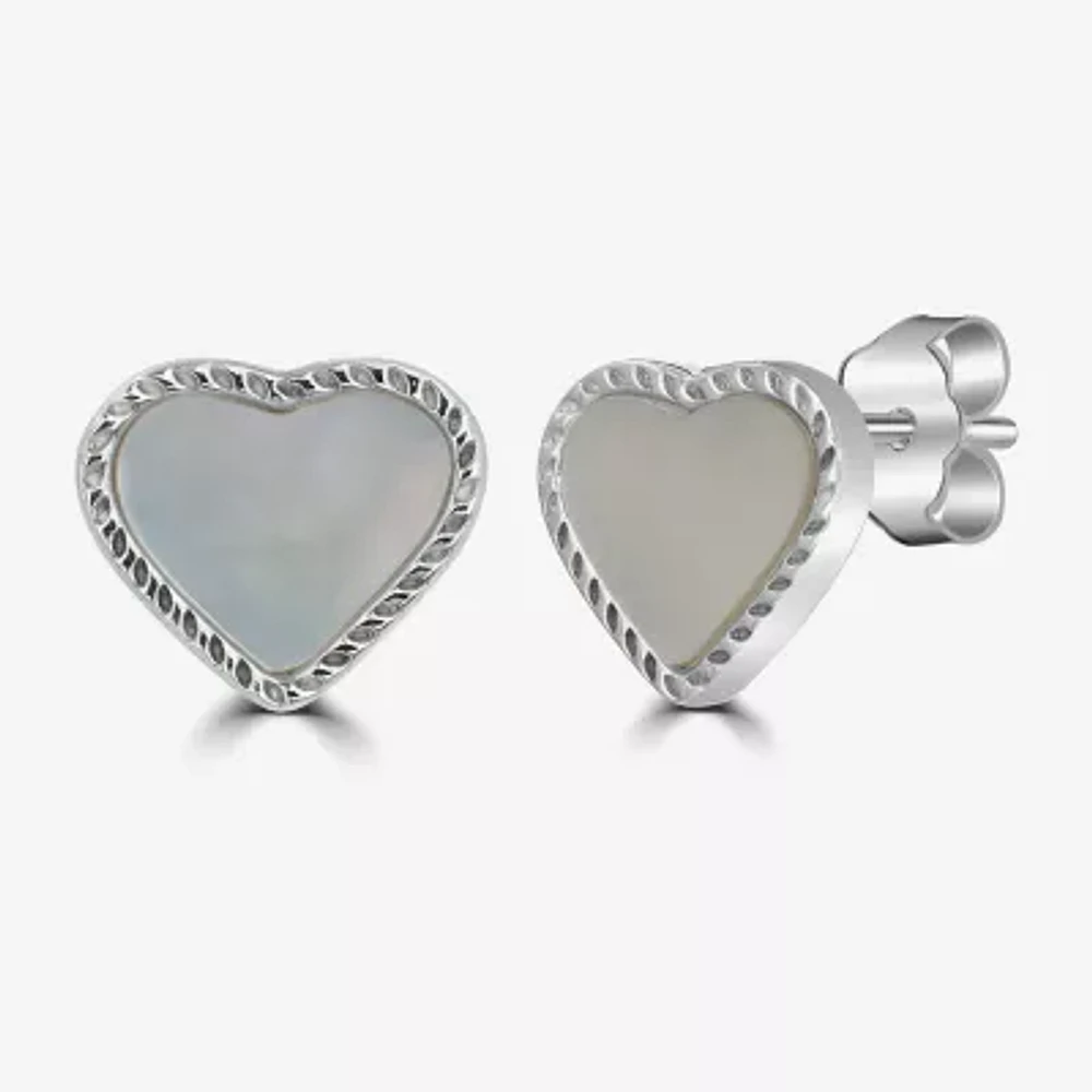 Silver Treasures Genuine Stone White Mother Of Pearl Sterling Silver 10mm Heart Stud Earrings