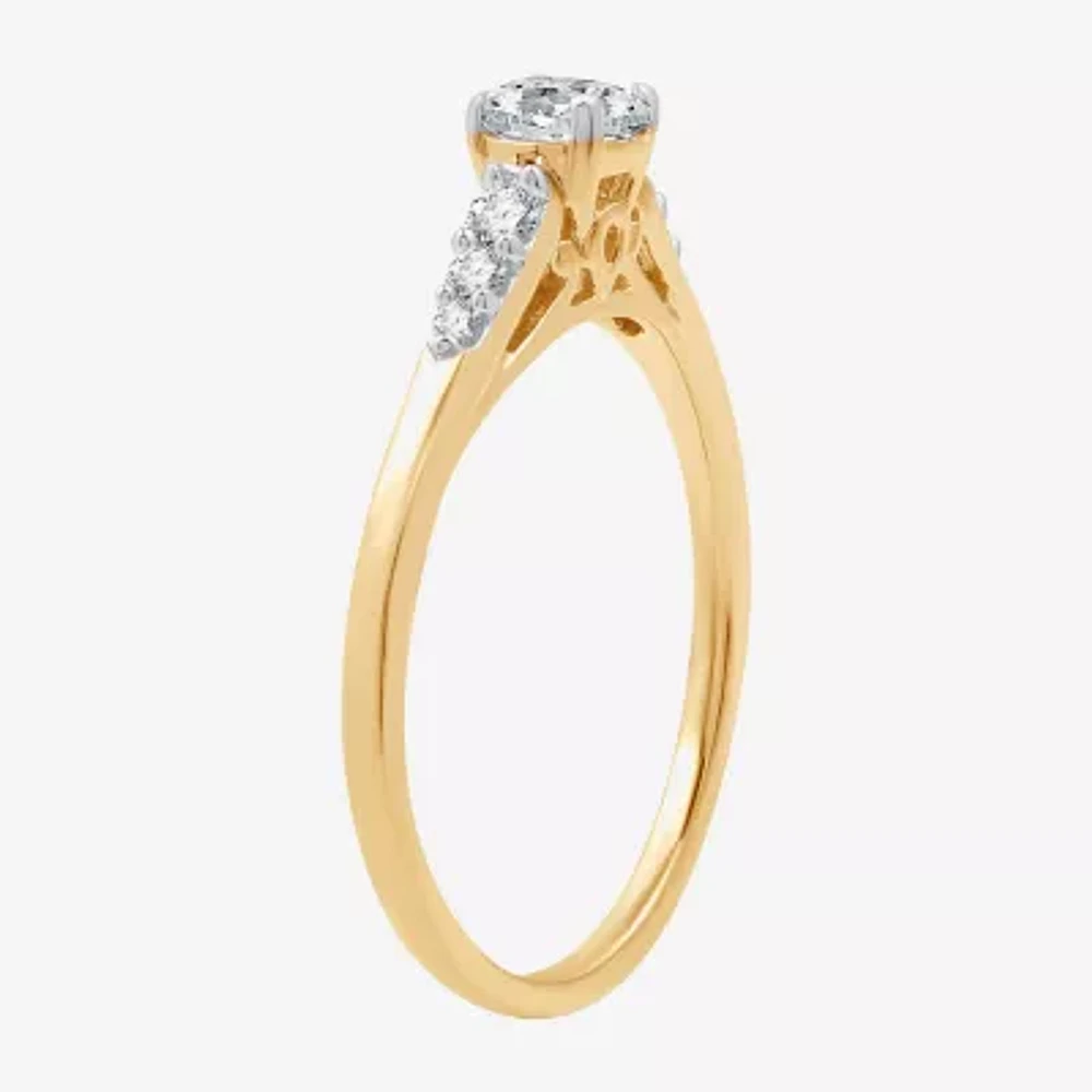 G / Si1-Si2) Womens 1/2 CT. T.W. Lab Grown White Diamond 10K Gold Round Side Stone Engagement Ring