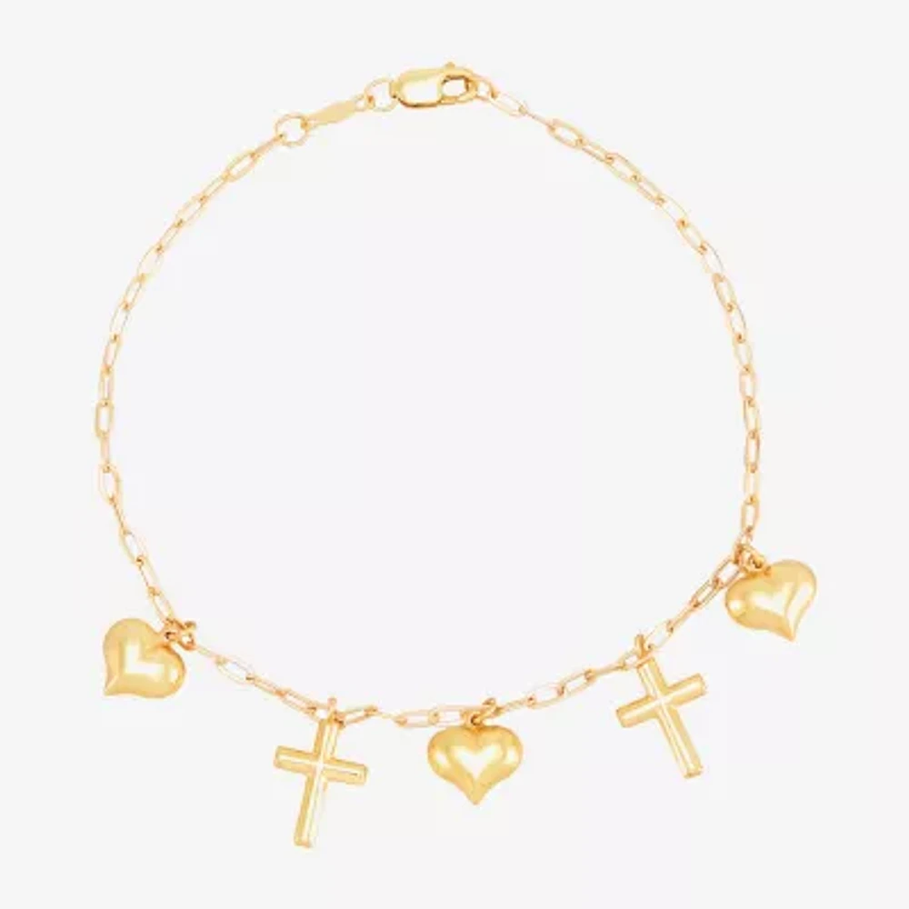 Womens 10K Gold Cross Heart Charm Bracelet